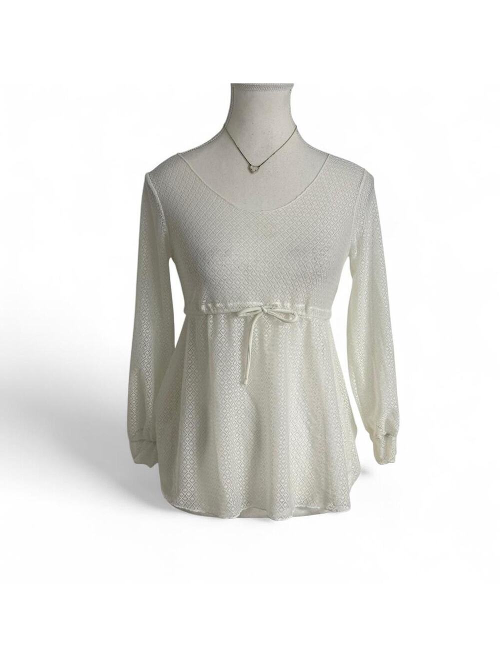 White Baby Doll Long Sleeve Slightly Sheer Top With Waist Tie Size Small